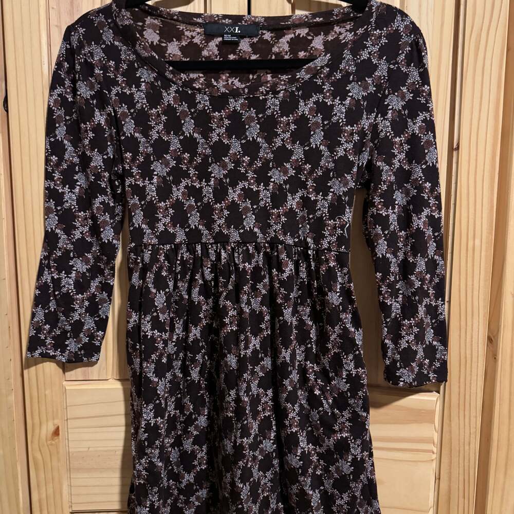 XXI Brown Floral Long Sleeve Babydoll Mini Dress